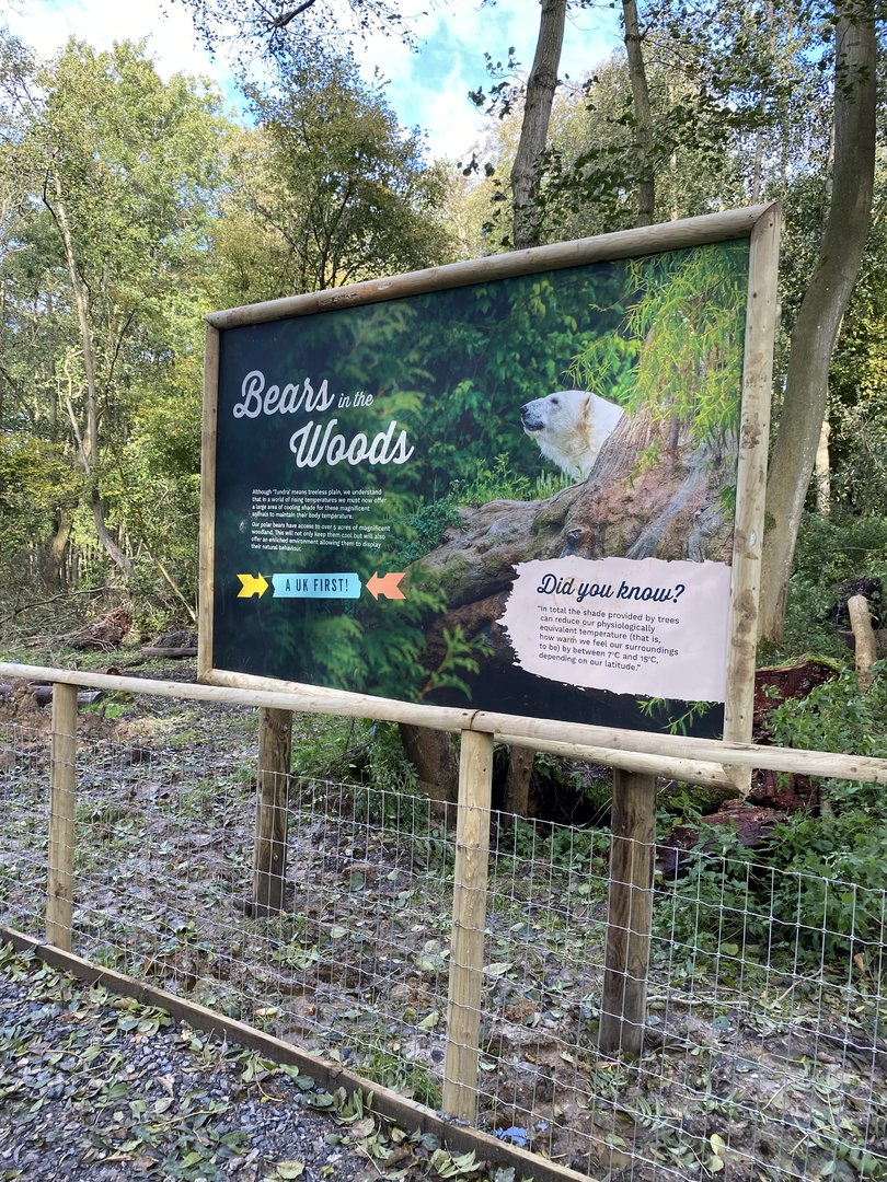 Jimmy's farm, polar bear signage, woodland