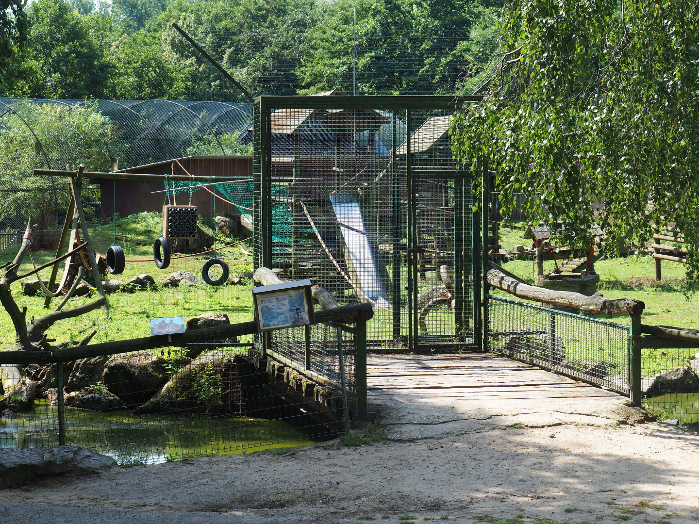 Keeper access bridge and gate to the Black-capped capuchin - Capybara - Reeves's muntjac island, 2019-08-04