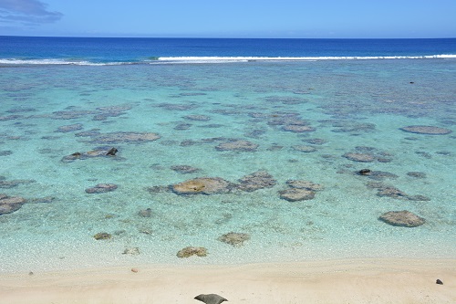 Lagoon waters in Rarotonga with coral.