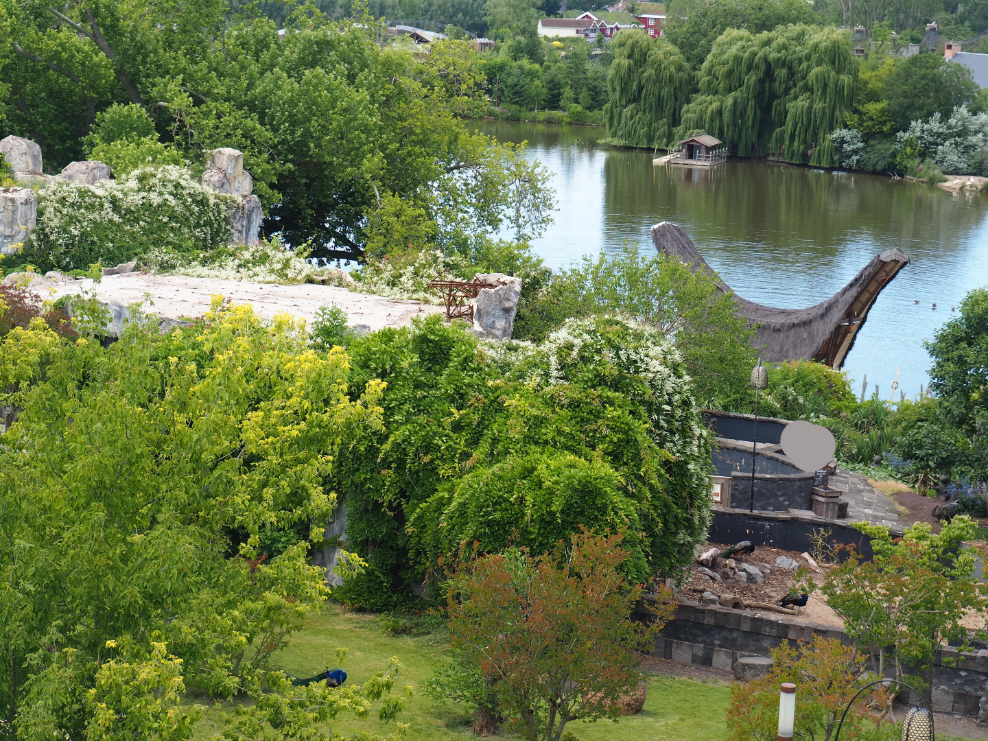 Lake and porcupine exhibits in the Kingdom of Ganesha, seen from the Flower Temple, 2022-06-28