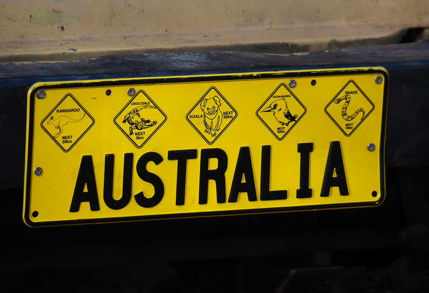 License plate of outback vehicle added as theming near the Tasmanian devil exhibit, 2022-04-12