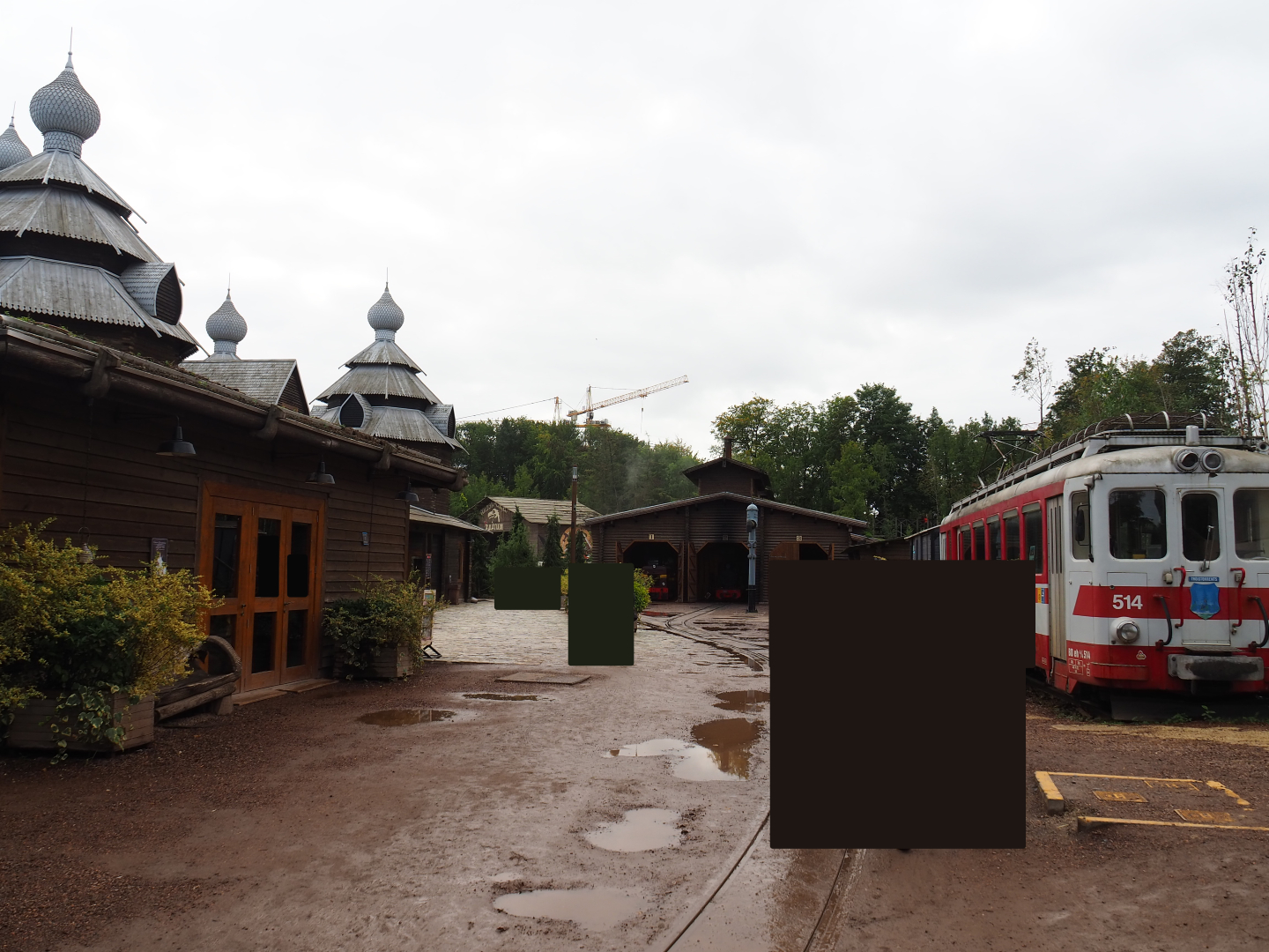 L'Izba Russian restaurant building, train hangar and old Swiss train car, 2019-10-04
