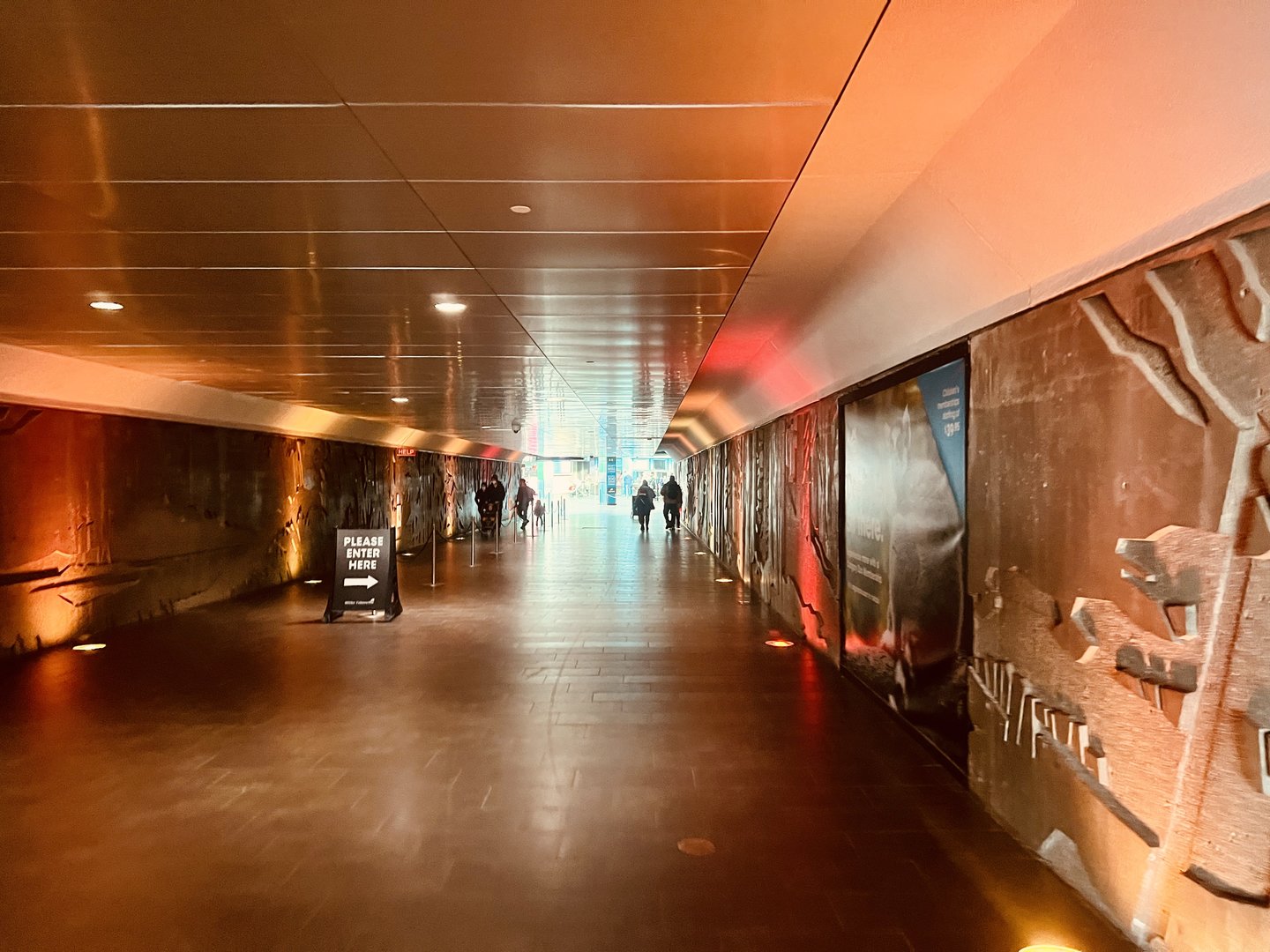 Long entry tunnel to ticket / admissions booths.