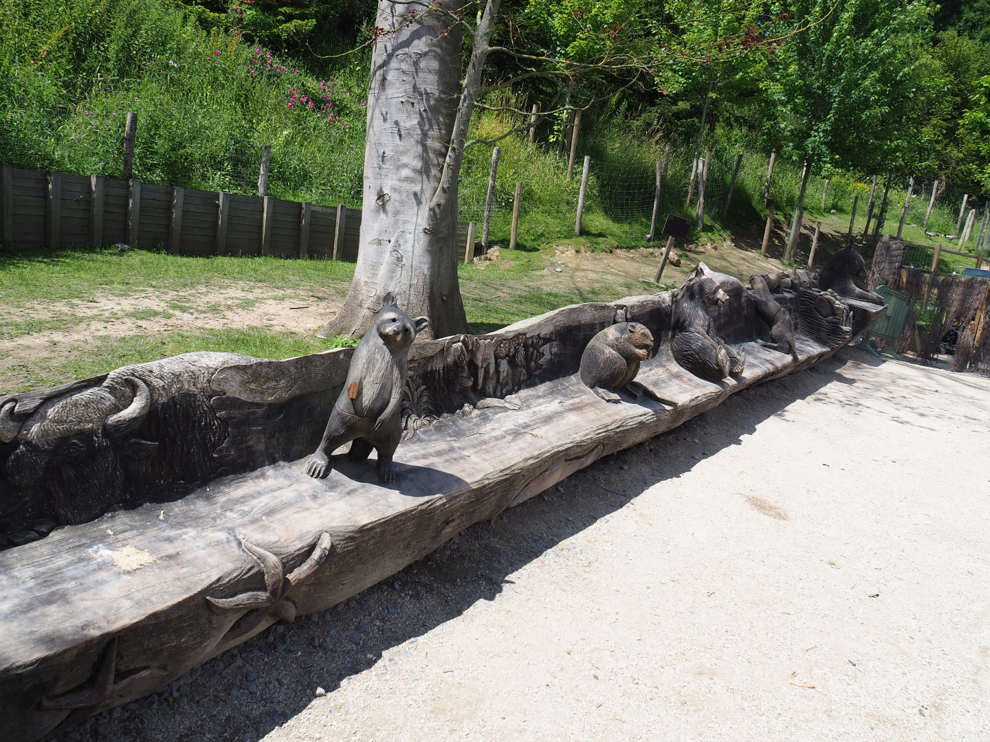 Long log bench with animal wood carvings, 2022-06-28