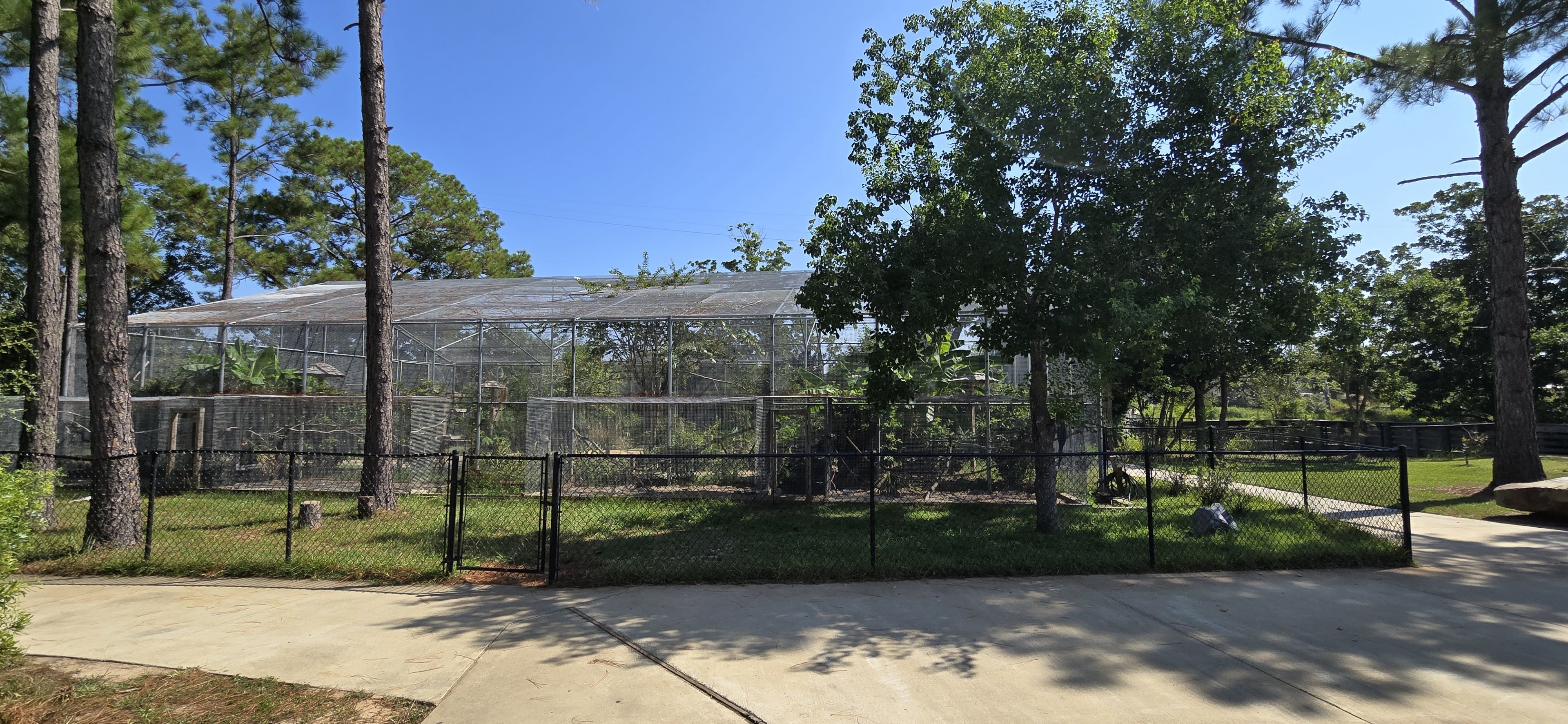 Macaw cages on exterior of walk through aviary