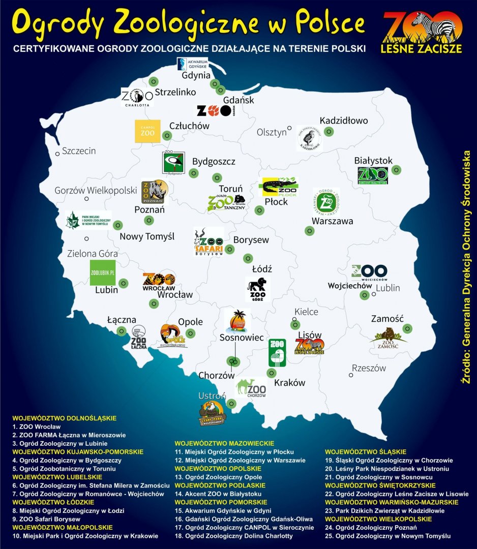 Map of all Polish licensed zoos (summer 2023)
