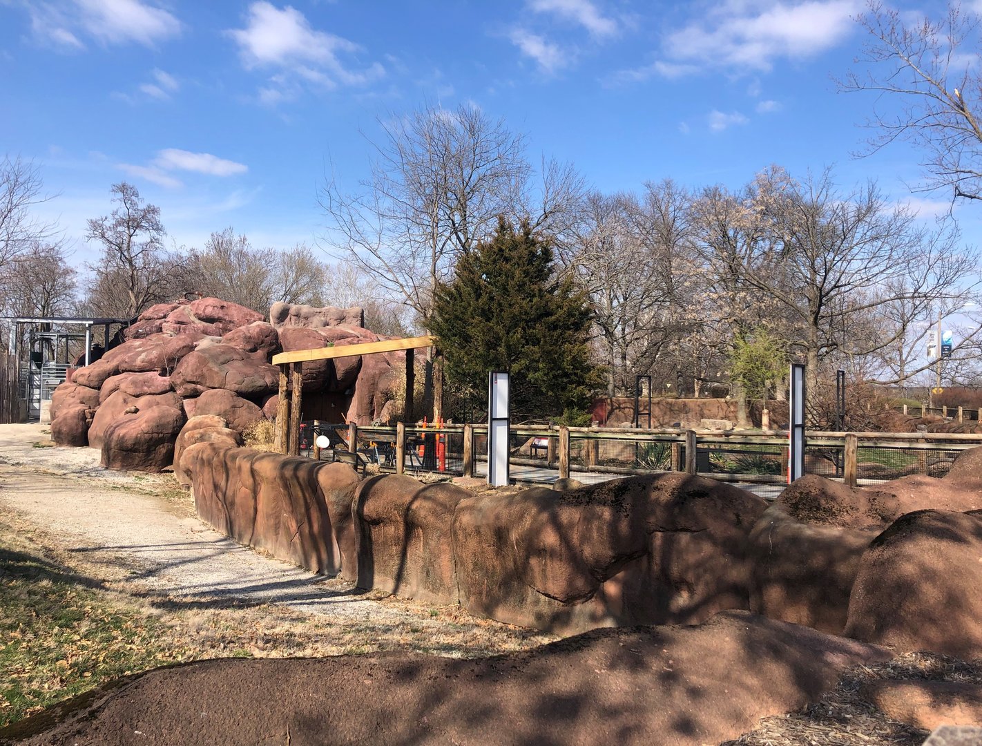 [March 2023] Red Rocks- shelter structure next to reticulated giraffe (Giraffa camelopardalis reticulata) mixed species yard