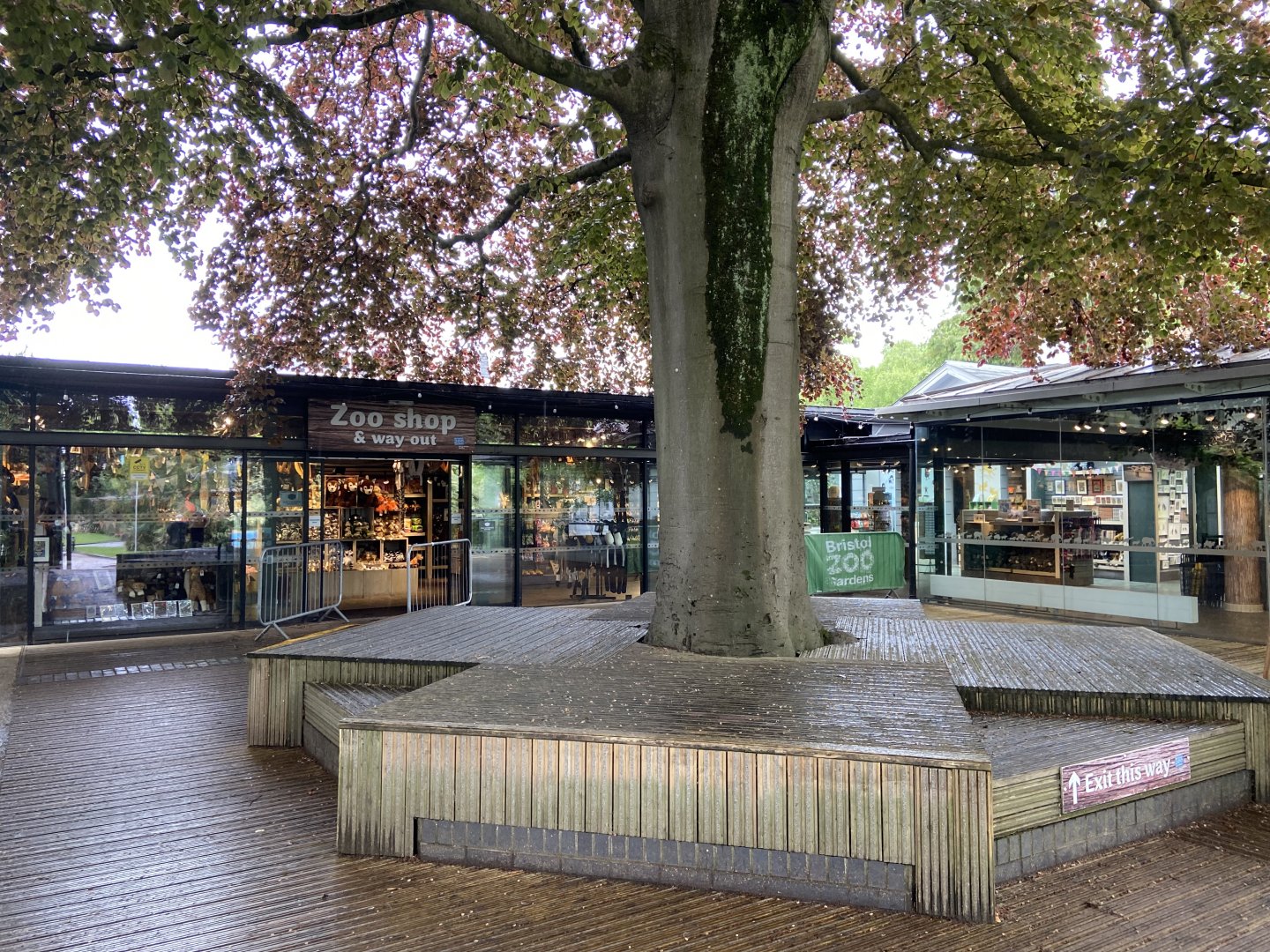 May 16th 2022 - entrance plaza at Bristol Zoo, looking towards listed entrance building and zoo shop