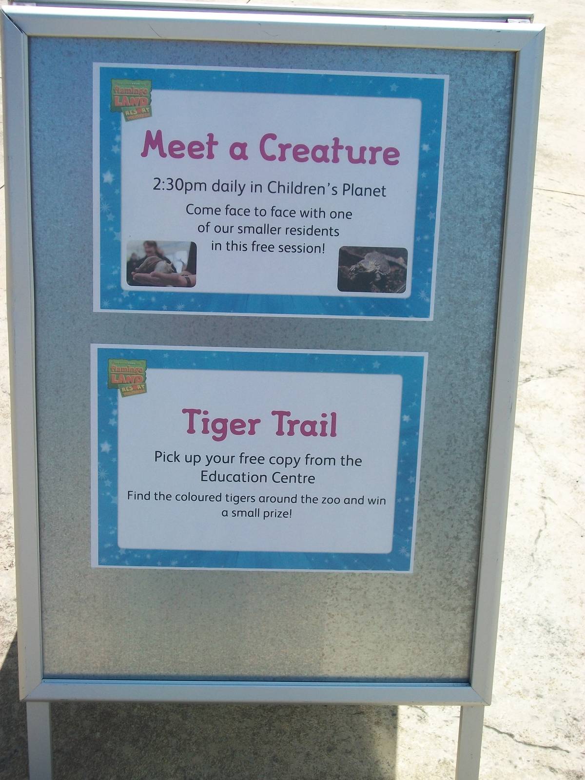 Meet a Creature and Tiger Trail signage board, 4th August 2014