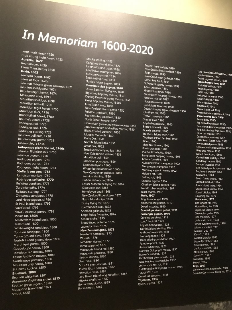 Memorial of species extinct between 1600-2016 (no invertebrates)