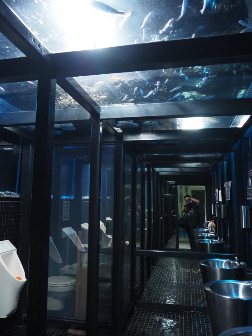 Men's restroom underneath a fish tank, 2020-09-03