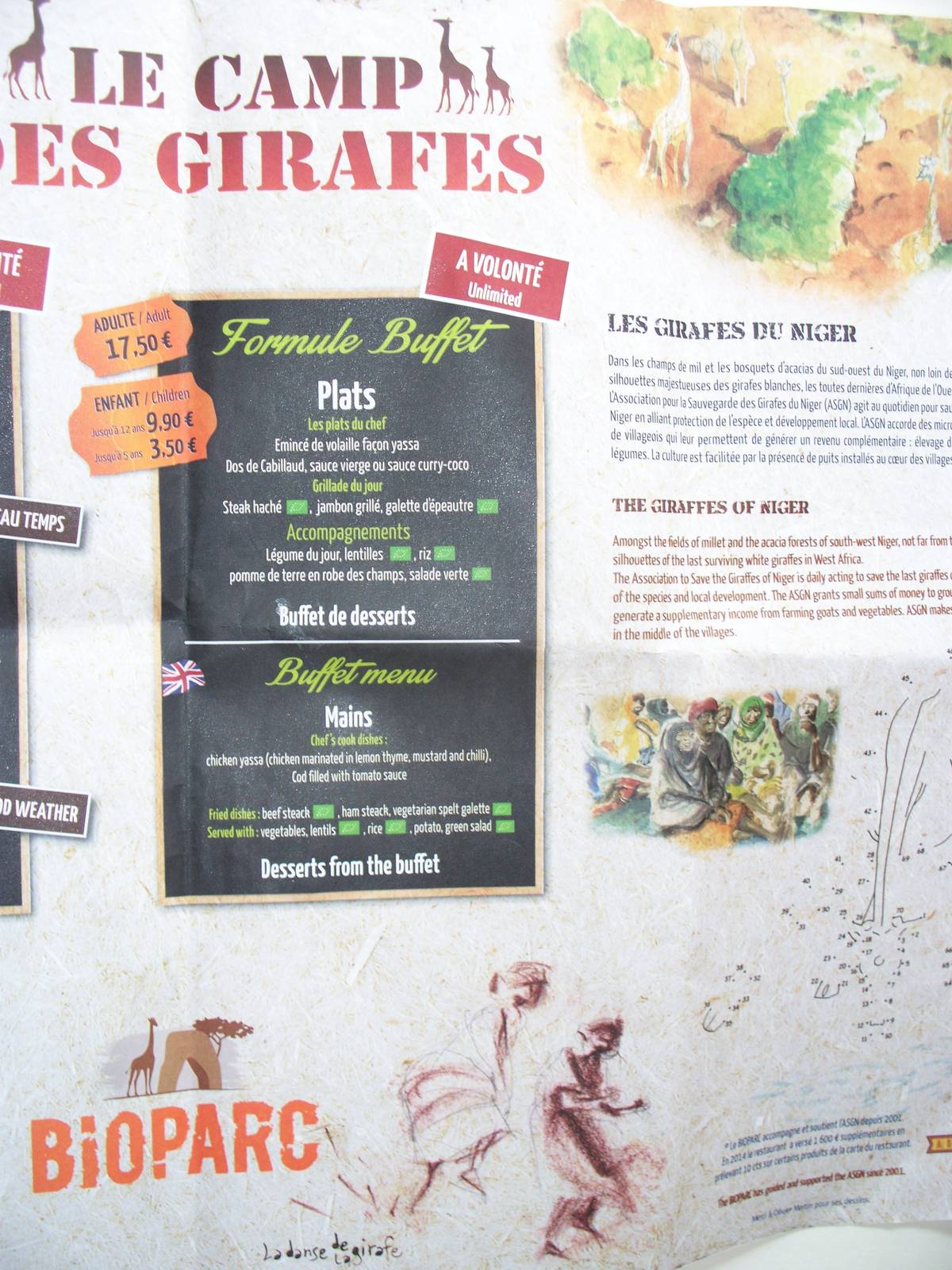 menu from restaurant with niger giraffe details