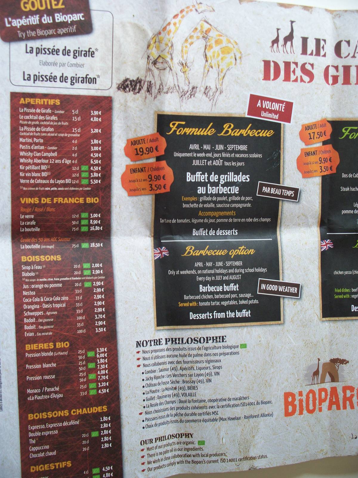 menu from restaurant