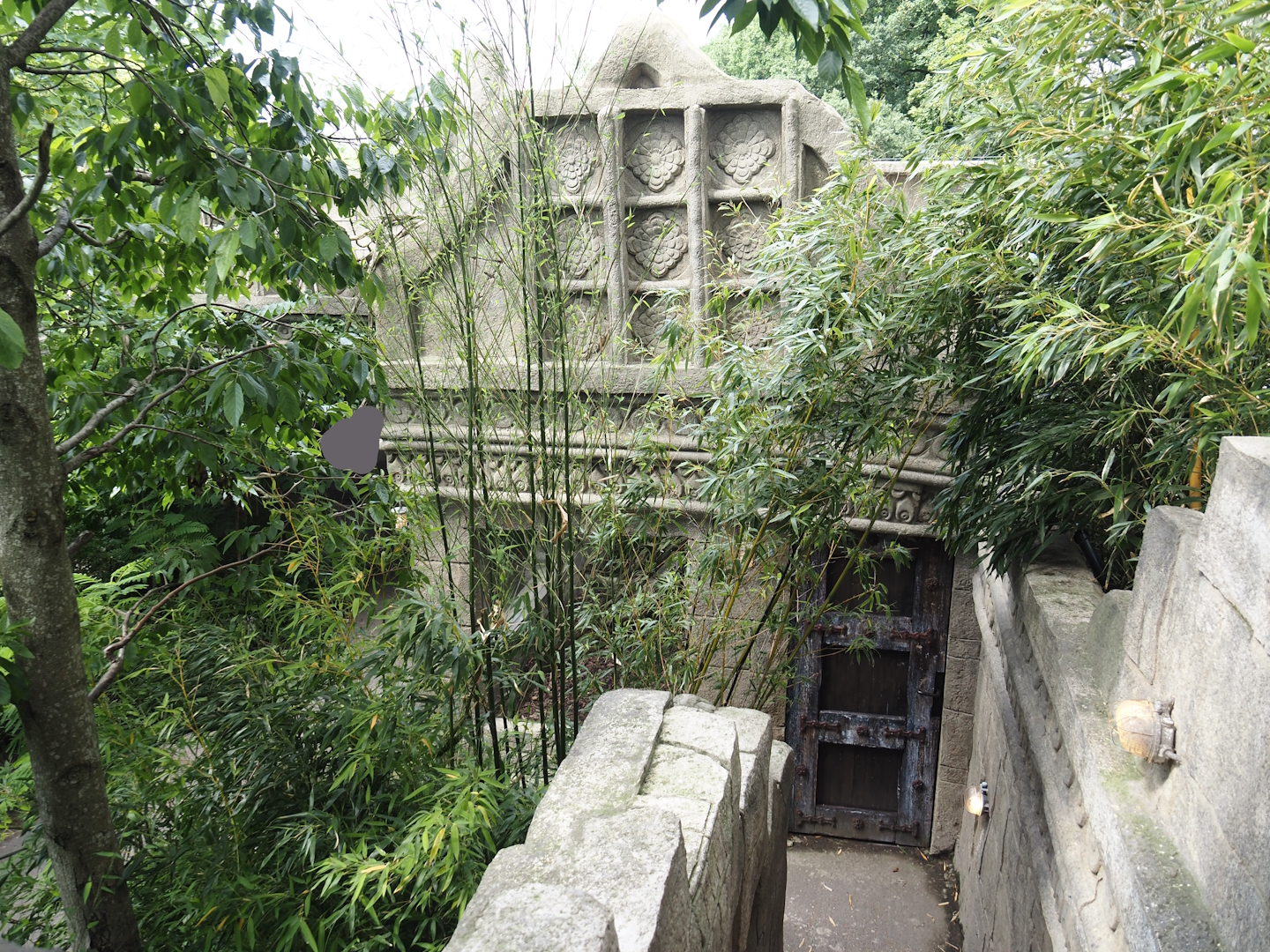 Monkey Ruins exhibit - Building with holding exhibits seen from elevated viewing area, 2024-06-23