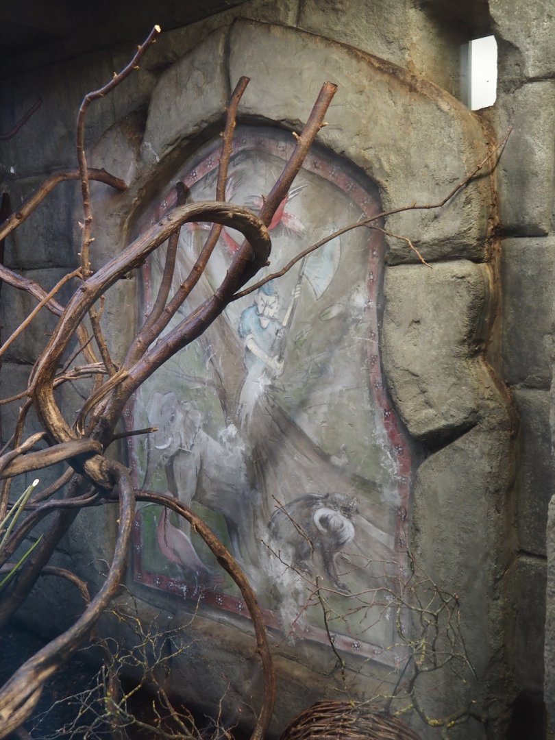 Monkey Ruins exhibit - Painting in Azara's agouti and South American monkey indoor exhibit, 2024-06-23