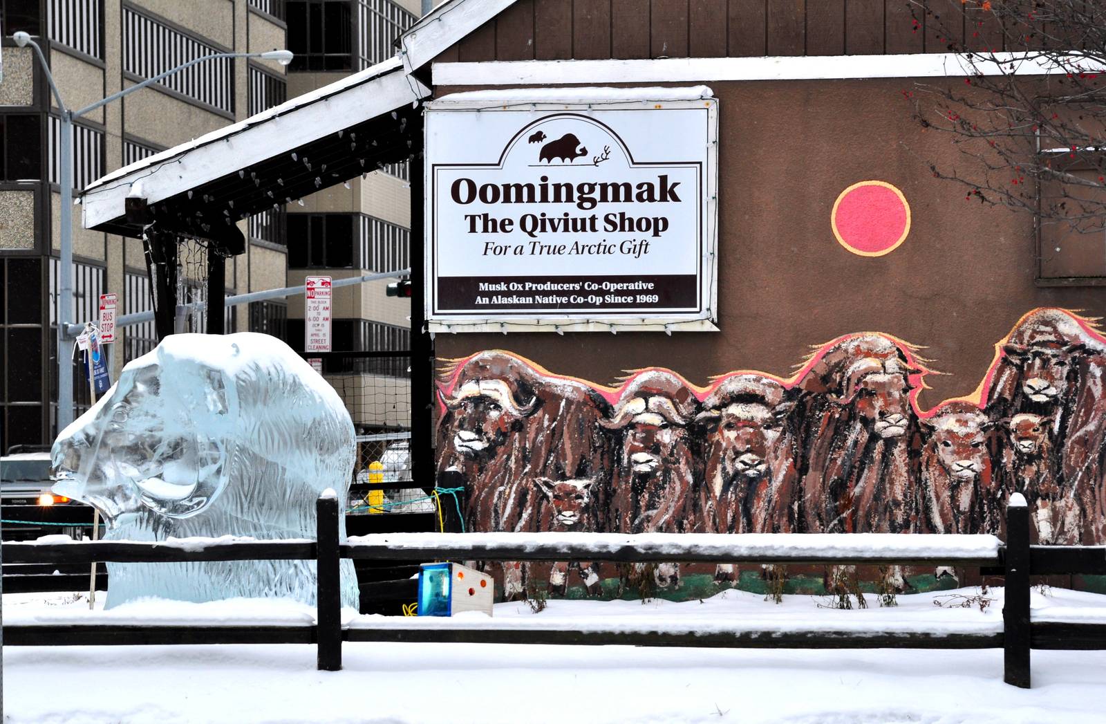 Musk Ox Mural and Ice Sculpture on 6th Ave - Alaska