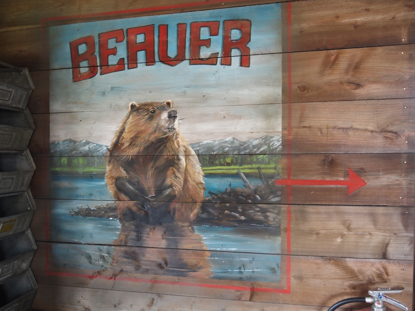 Nortica - Mural pointing towards beaver exhibit, 2024-06-23