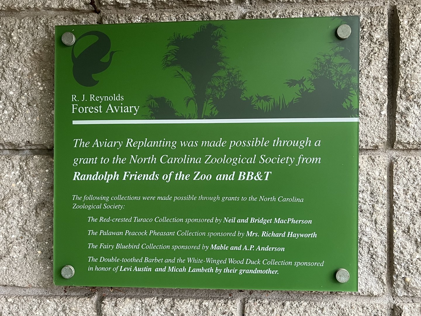 (Now Closed) Aviary Replanting and Bird Collection Donors Plaque