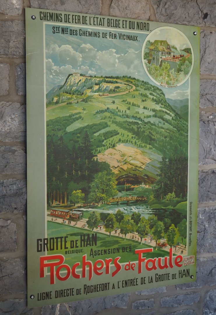 Old ad poster for railroad to Caves of Han, 2020-07-12