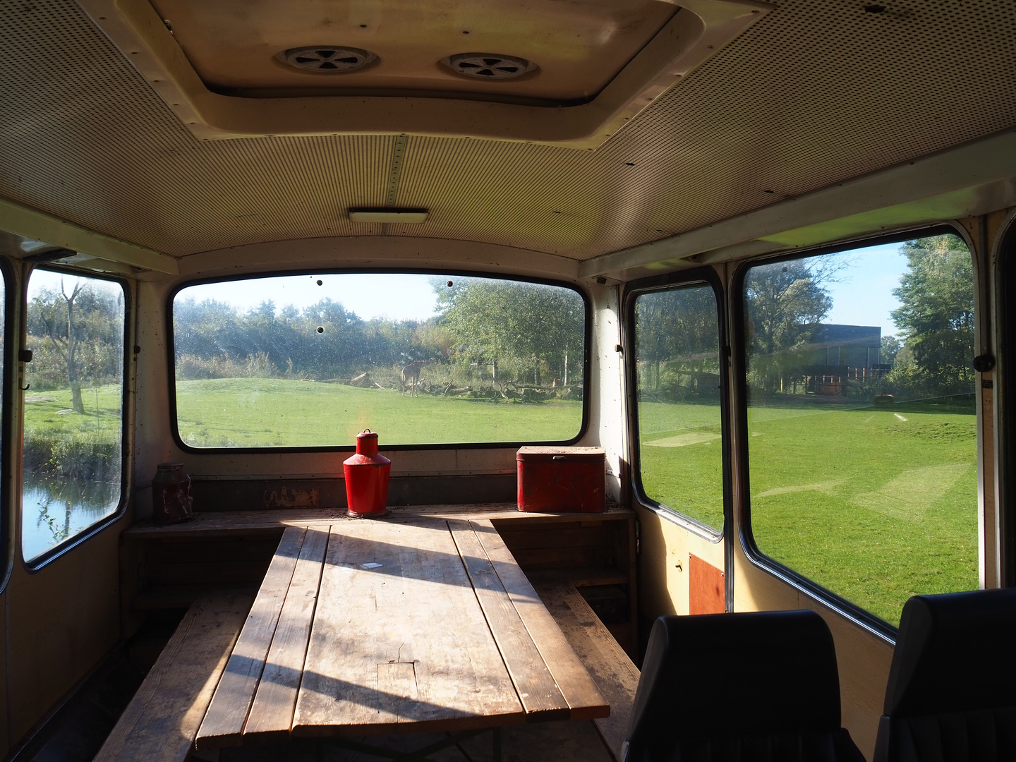 Old bus viewing area for giraffe and zebu exhibit, 2022-10-09