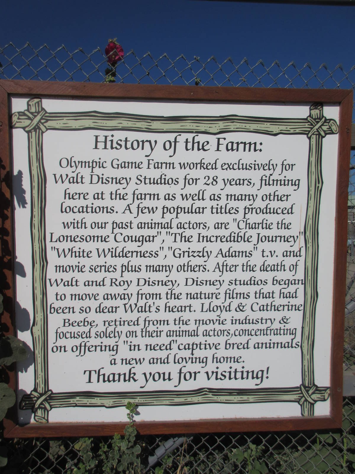 Olympic Game Farm - History of the Farm Sign