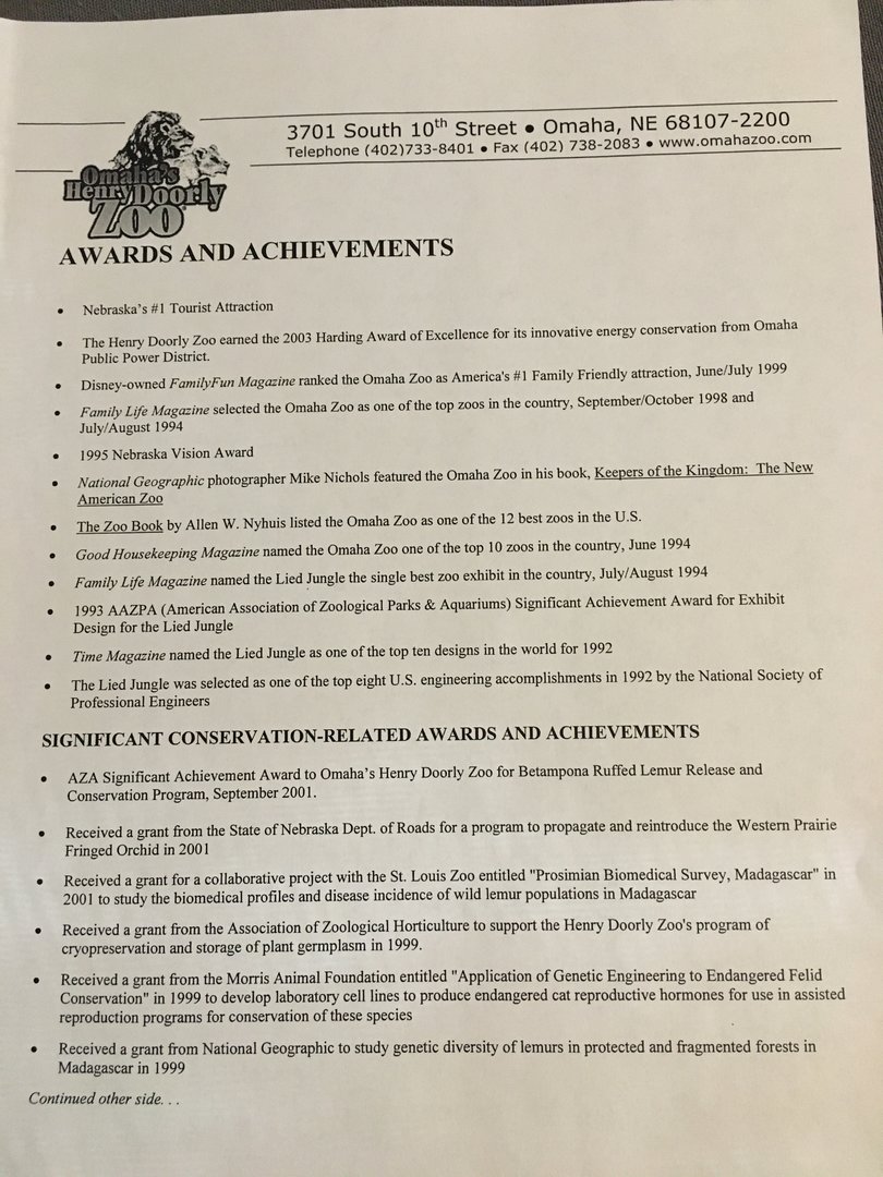 Omaha Zoo Awards and Achievement List from 2003