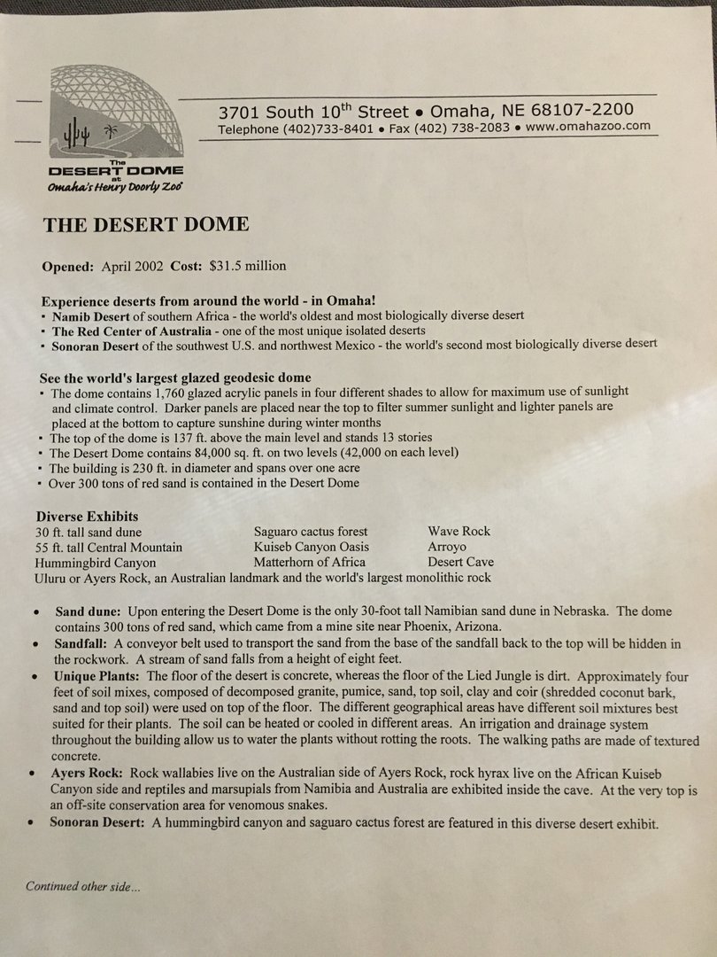 Omaha Zoo - Desert Dome Fact Sheet - From 2003