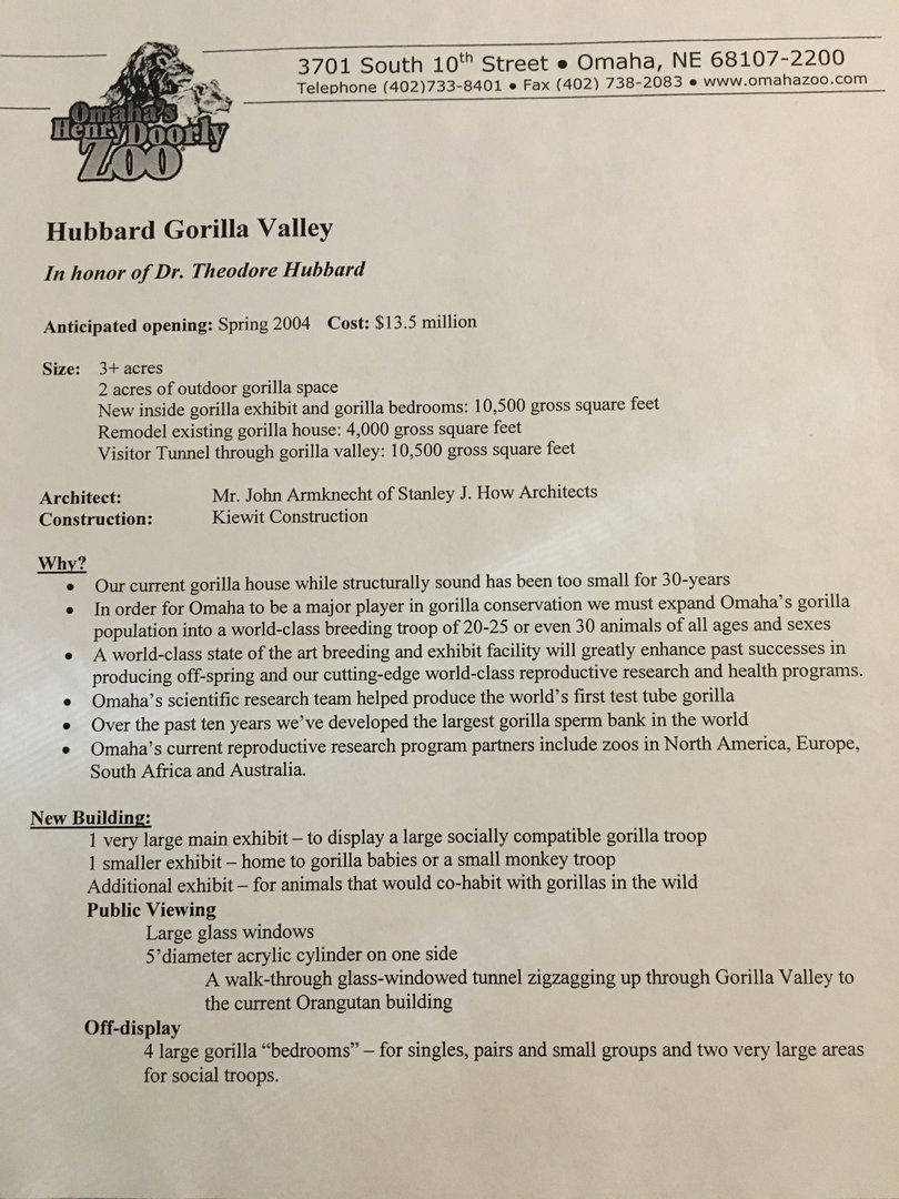 Omaha Zoo - Hubbard Gorilla Valley Fact Sheet - From 2003