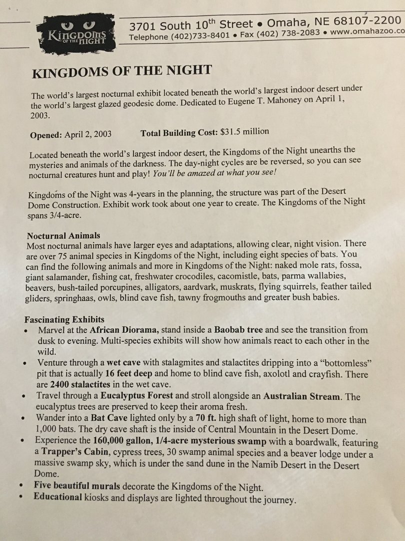 Omaha Zoo - Kingdoms of the Night Fact Sheet - From 2003