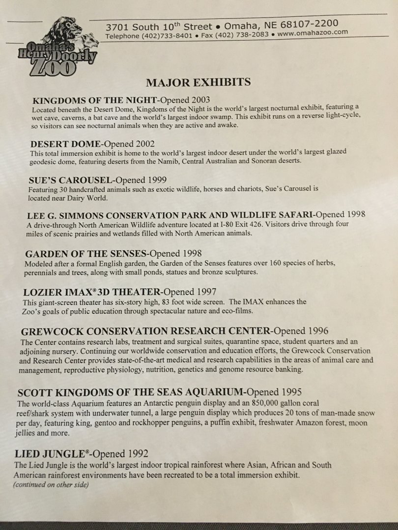Omaha Zoo Major Exhibits Release - 2003