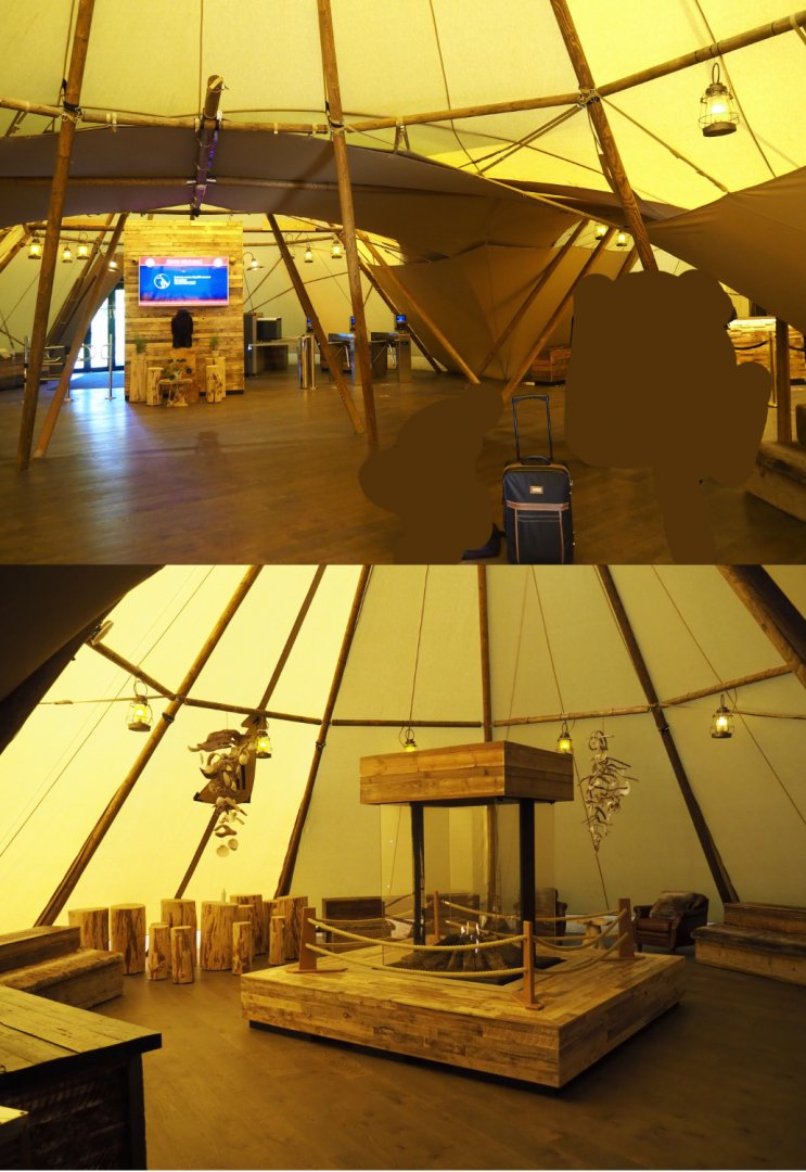 Pairi Daiza Resort reception area in tipis,  2020-09-02