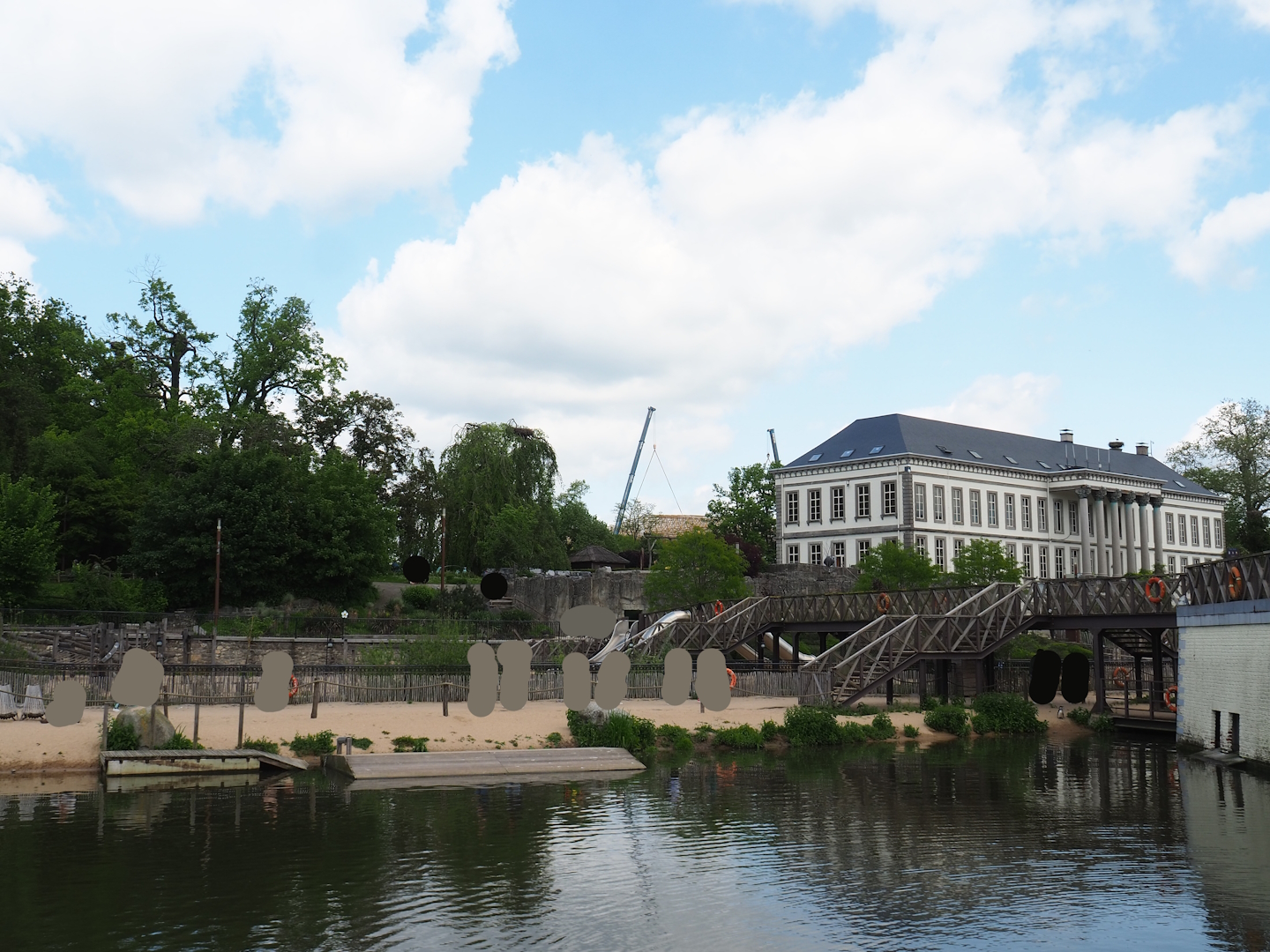 Pairi Daiza Steam Railway ride - African penguin and Harbor seal exhibit and 1854 castle aquarium building, 2023-05-16
