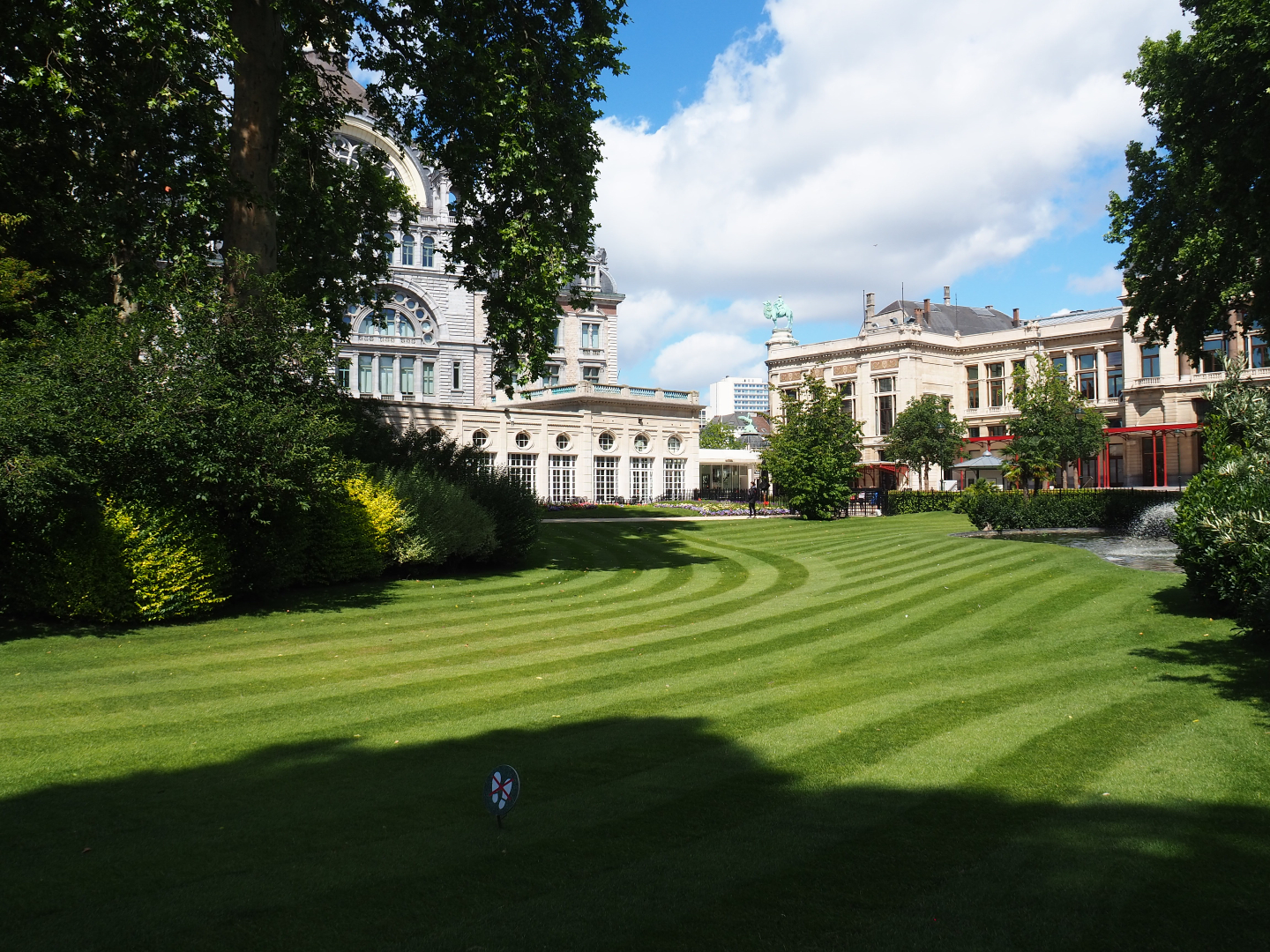 Park view of lawn between flamingo exhibit and Grand Café Flamingo, 2020-06-28