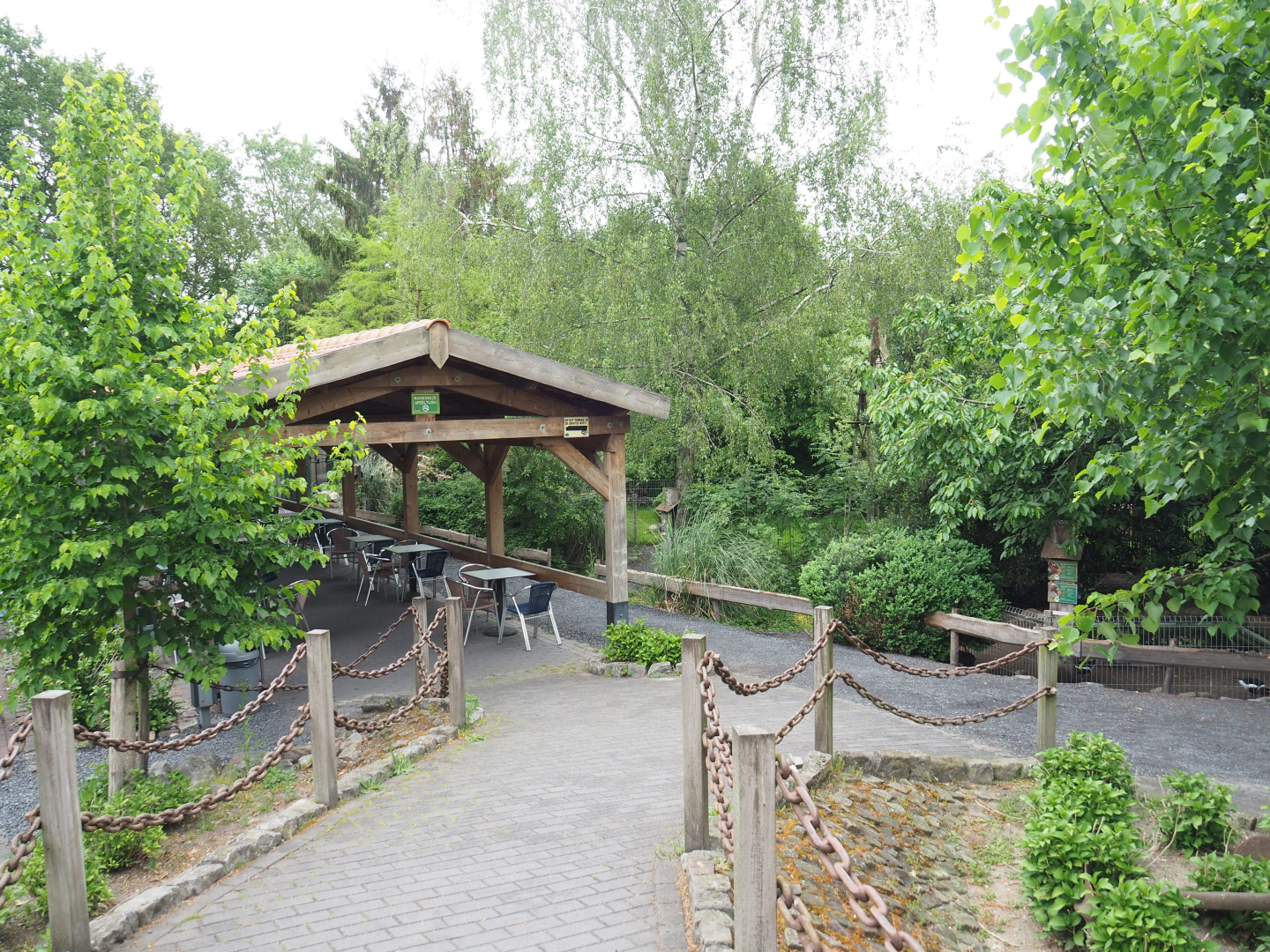 Park view with eating area, walkway and Mandarin duck and Red-breasted goose exhibit, 2022-05-17
