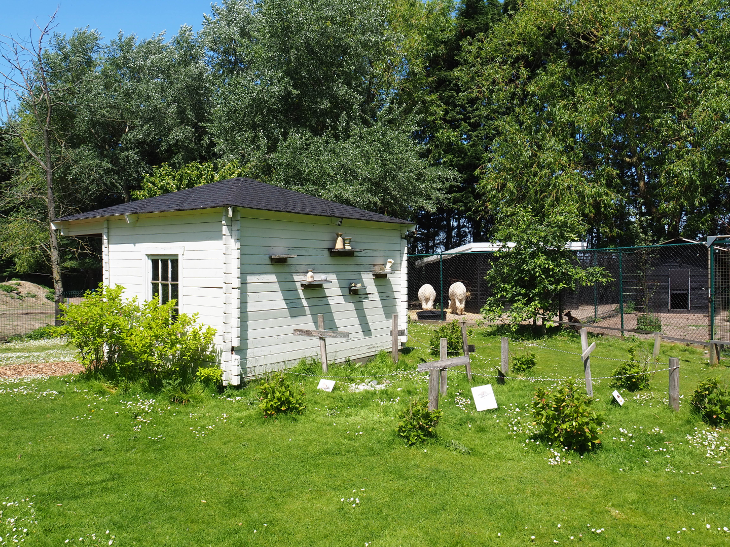 Park view with grass pathways, Australian education shack, extinct marsupial graveyard and paddocks in the background, 2019-06-01