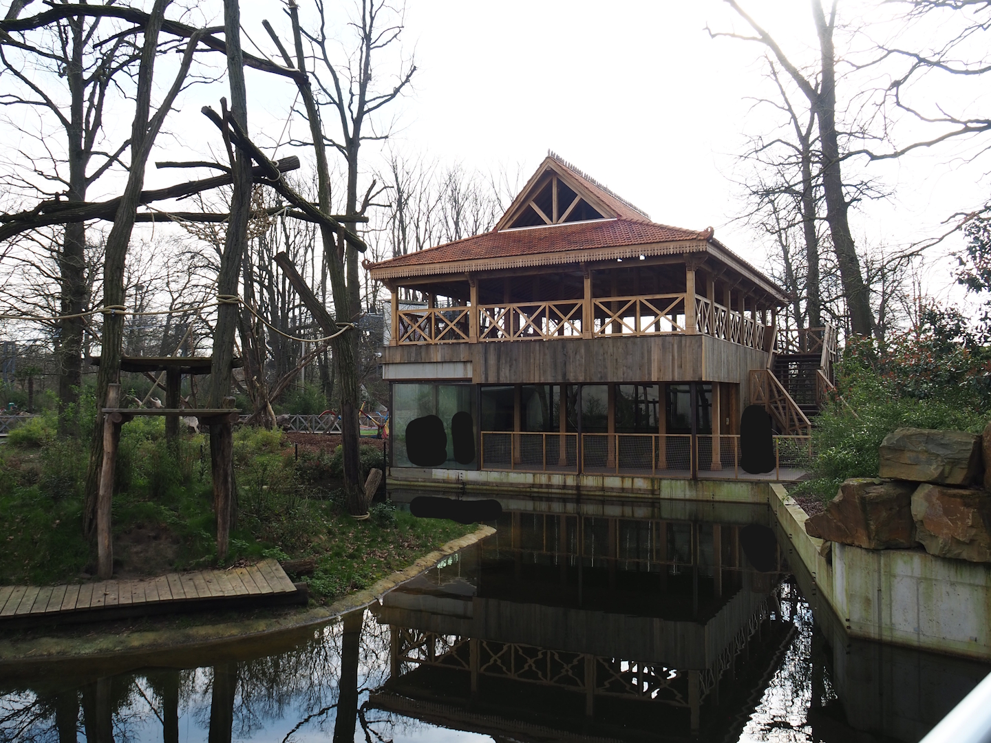 Part of Sumatran orangutan island and Sulawesi black-crested macaque house with viewing areas, 2024-03-04