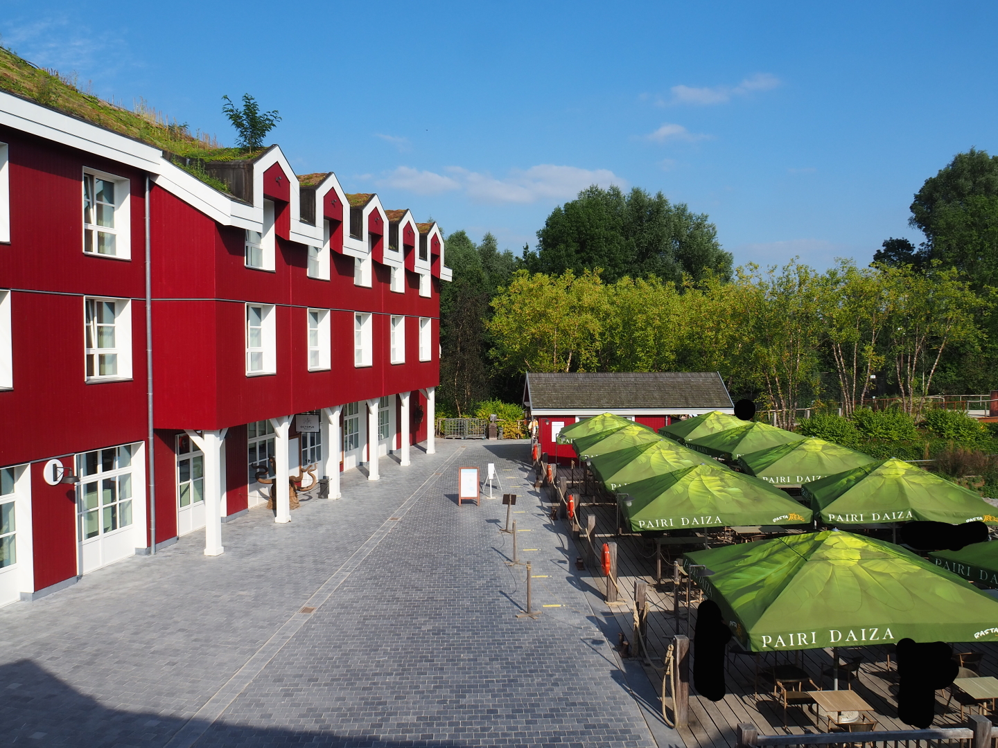 Part of The Paddling Bear hotel, walkway and terrace, seen from the hotel room, 2021-09-02