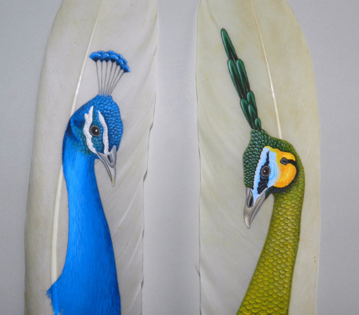 Peacocks painted on feathers
