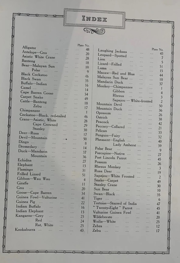 Perth Zoo 1940s species index for map (map not seen)