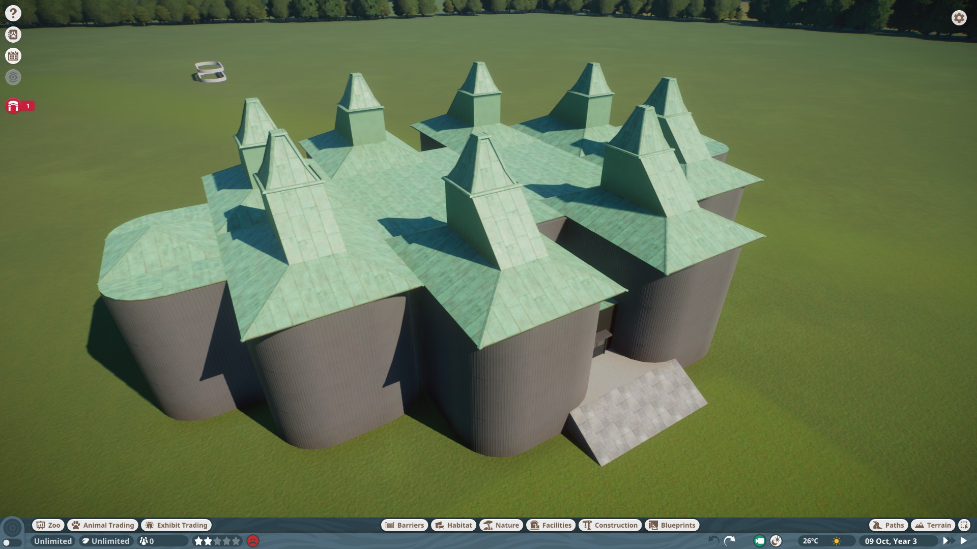 Planet Zoo: ZSL London Zoo: The Casson Pavilion aerial view (with Penguin Pool in background)