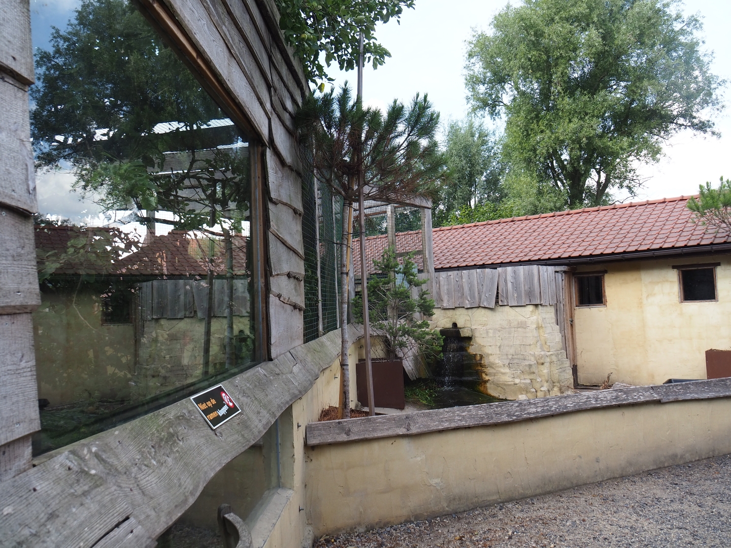 Raccoon cage viewing window and coypu exhibit
