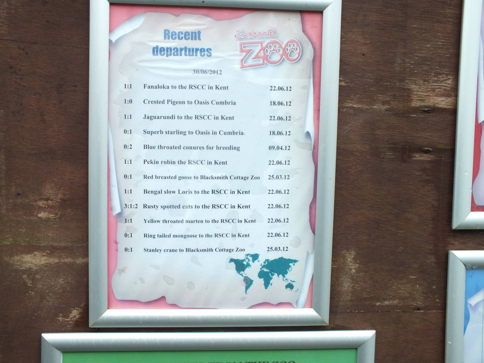 Recent Departures Board at Exmoor Zoo - January 28th 2013