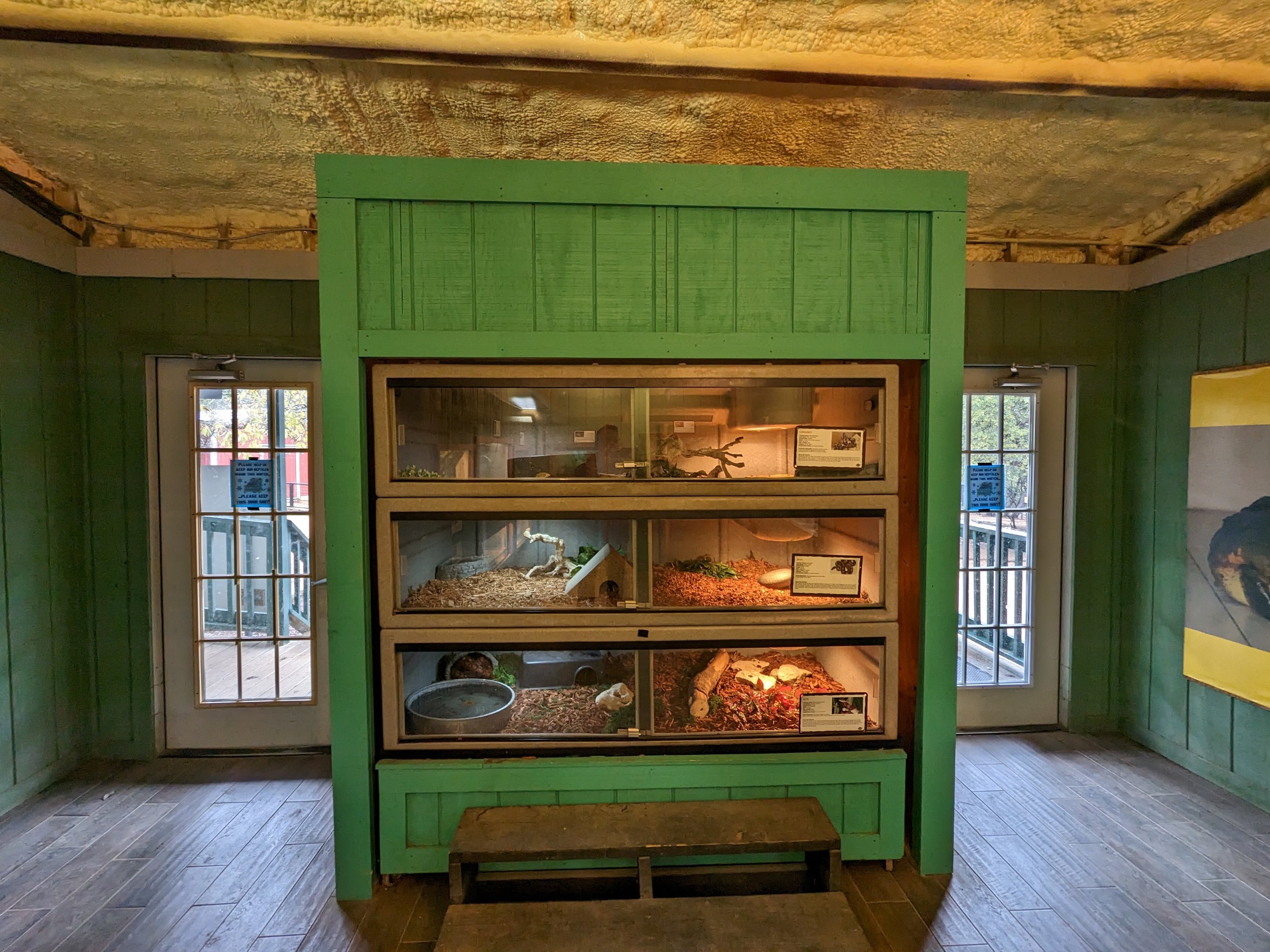 Reptile house view towards doors.