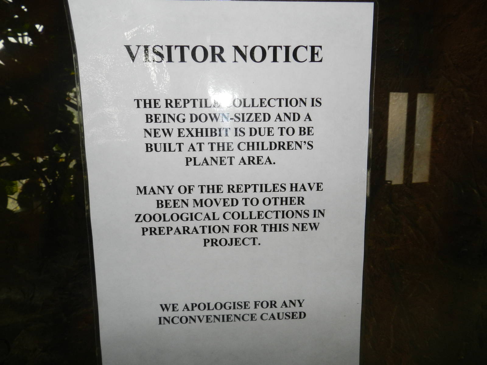 Reptile House Visitor Notice at Flamingo Land - 14/10/2012