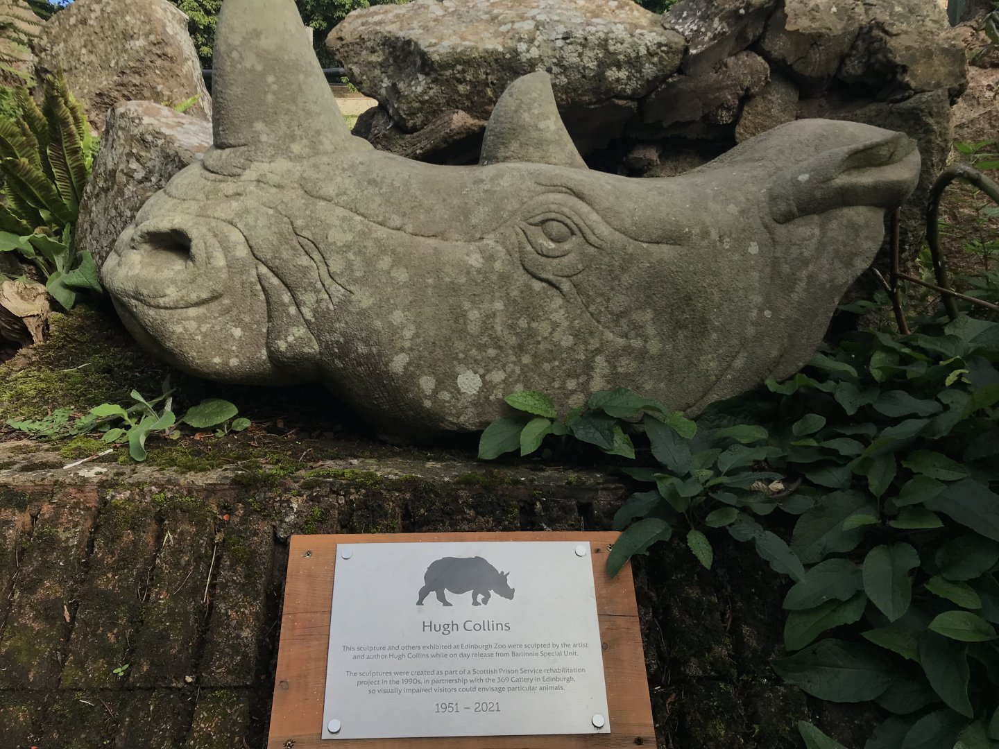 Rhino sculpture with plaque