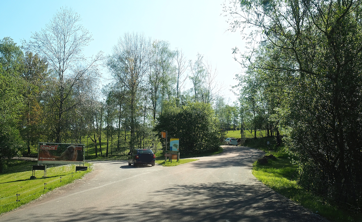 Road to parking lot (left side) and access to drive-through safari (right side), 2023-05-19