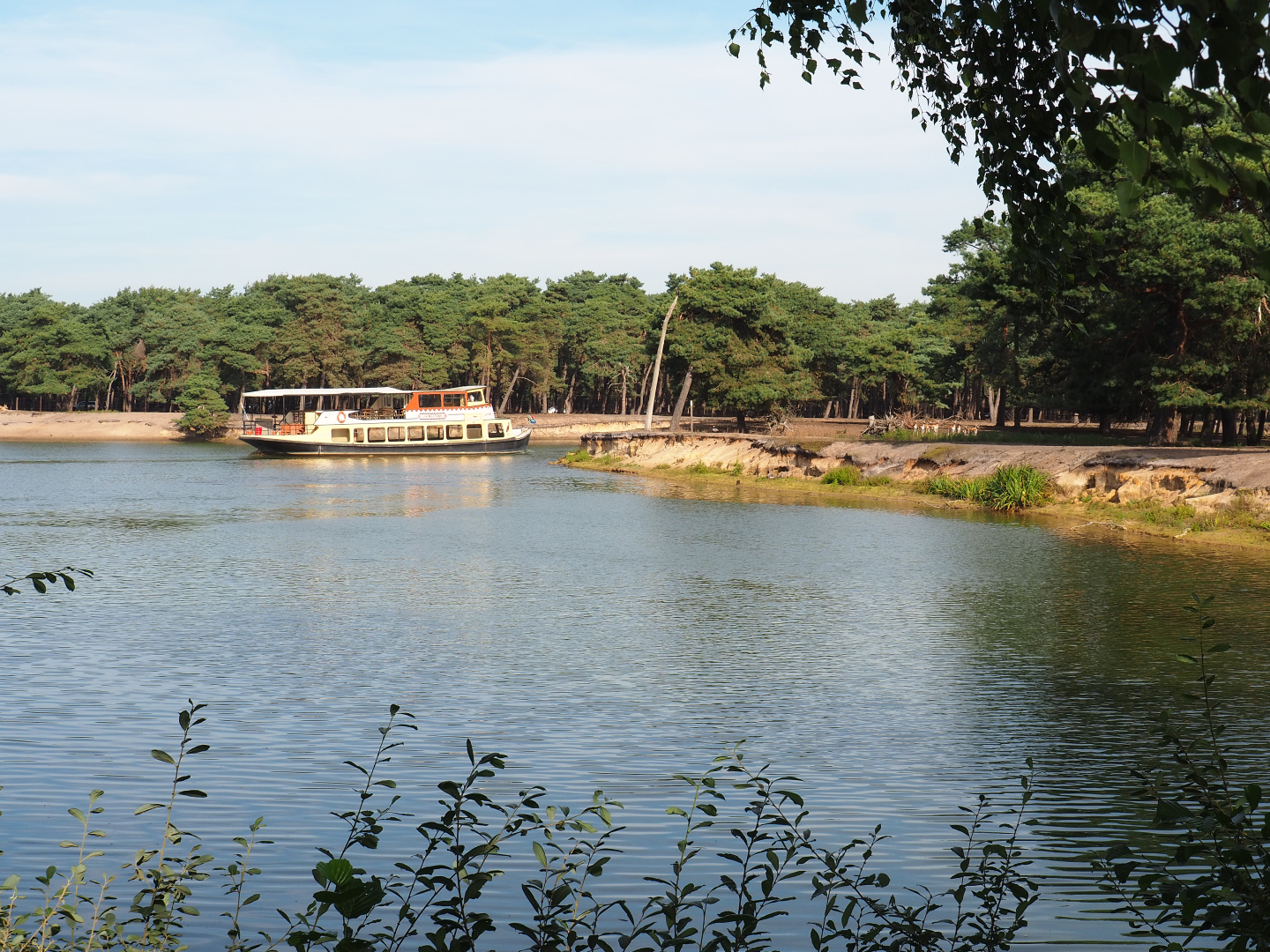 Safari boat canal with safari boat and blackbuck peninsula, 2019-09-15