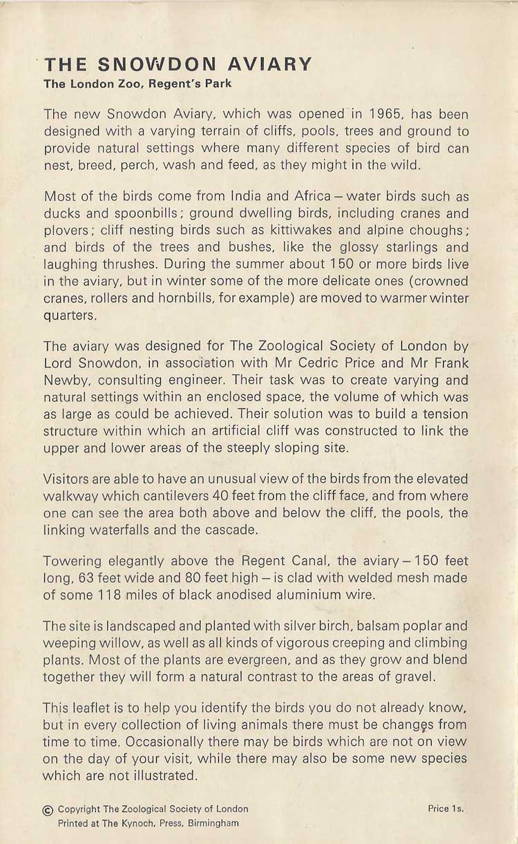 Scans of a leaflet about the Snowdon Aviary