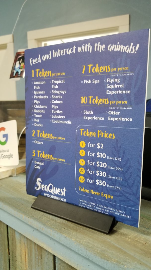 SeaQuest Woodbridge - How many coins each thing costs