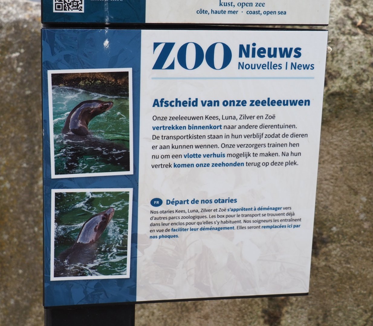Sign about the upcoming transfer of the California sea lions to other zoos, 2021-06-12